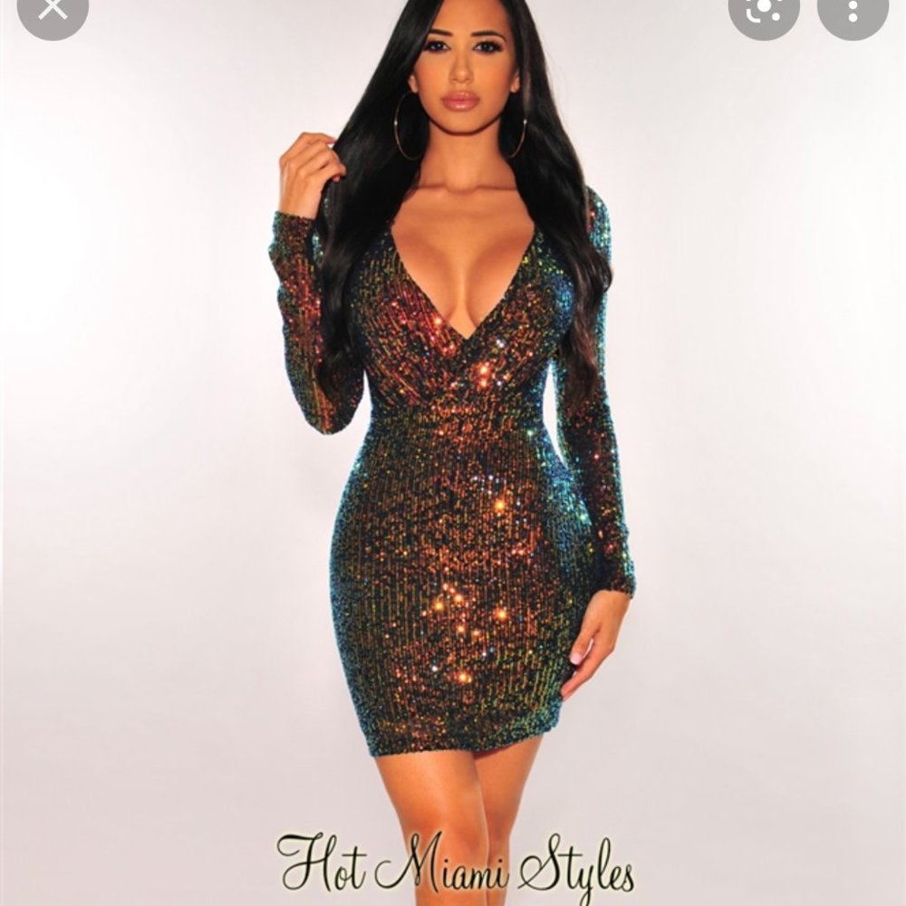 Hot Miami Styles Long Sleeve Mini Sequin Dress